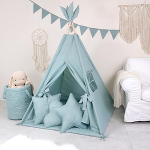 Kids’ teepee tent with play mat and 3 pillows – perfect for play, room decor, and relaxation, handmade and easy to care for SAGE