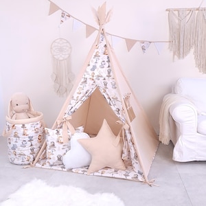 Kinder-Tipi-Zelt mit Spielmatte und 3 Kissen – ideal zum Spielen, Dekorieren und Entspannen, handgefertigt und pflegeleicht BEIGE - SAFARI