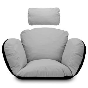 Könnte beinhalten: Ein graues und schwarzes Stuhlkissen mit einem passenden grauen Kissen. Das Kissen hat eine abgerundete Rückenlehne und Armlehnen.