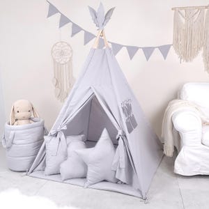 Kids’ teepee tent with play mat and 3 pillows – perfect for play, room decor, and relaxation, handmade and easy to care for GRAY