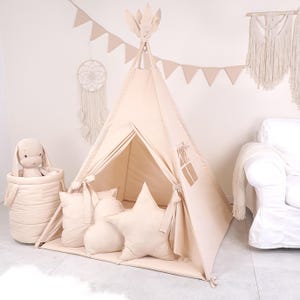 Kids’ teepee tent with play mat and 3 pillows – perfect for play, room decor, and relaxation, handmade and easy to care for BEIGE