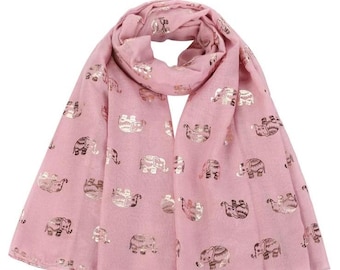 Glitter Elephant Print Scarf: Rose Gold Viscose Shawl