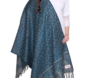 Tibet Yak Wool shawl Himalayan Made Reversible Paisley Floral Print Ethnic DOUBLE Sided Scarf/Wrap/Blanket -Ideal Xmas Gift TEAL