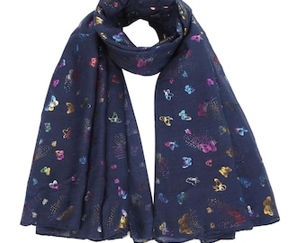 Multi Glitter Butterfly Print Scarf for Women Celebrity Style Wrap, Sarong, and Shawl