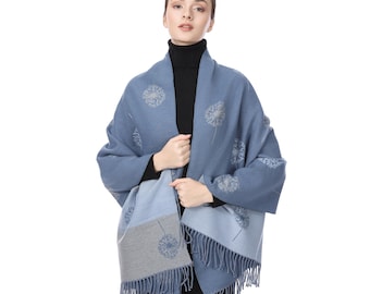Winter Warmer Thick Dandelion print reversible super soft winter shawl DENIM BLUE/SILVER