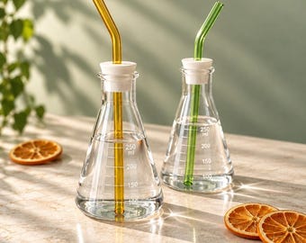 Könnte beinhalten: Zwei klare Erlenmeyerkolben aus Glas mit weißen Stopfen und gebogenen Glasstrohhalmen. Ein Strohhalm ist bernsteinfarben, der andere grün. Jeder Kolben ist mit 250 ml Messskalen markiert. Der Text mabel & ivy steht unten aufgedruckt.