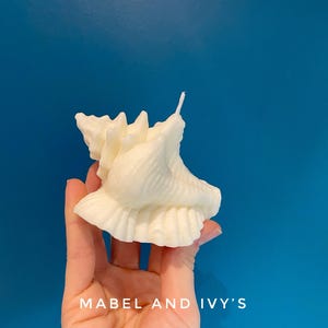 May include: A white seashell-shaped candle with a single wick. The candle is held in a hand against a blue background. The text "MABEL AND IVY'S" is visible at the bottom of the image.