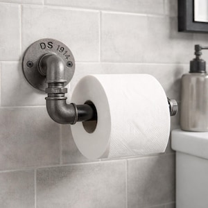 May include: Industrial-style toilet paper holder made from dark gray metal pipes. The holder is mounted on a gray tiled wall and features a round backplate with the text "DS 1914". A roll of white toilet paper is in place.