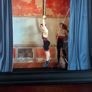 May include: A framed vintage illustration of two men in a circus setting. One man is hanging from a rope, while the other stands on the ground, watching. The illustration is set against a backdrop of red and blue curtains.