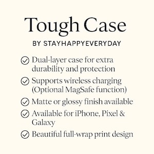 May include: Image of a phone case with the text "Tough Case" and "BY STAYHAPPYEVERYDAY". Features include dual-layer protection, wireless charging support, matte or glossy finish, and availability for iPhone, Pixel & Galaxy.