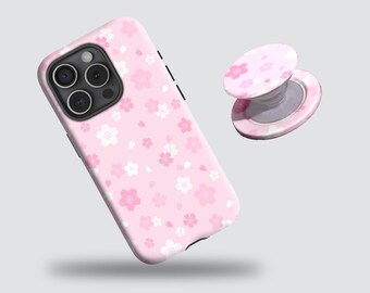 Pink cherry blossom phone case, romantic cherry pattern, with iPhone 17/16/15/14/13/12 Plus/Pro Max, Samsung S25/S24/S23/S22 Plus/Ultra.