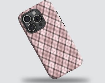 Pink plaid iPhone case, durable iPhone protective cover, compatible with iPhone 17 16 15 14 13 12 11 Pro Max, Samsung Galaxy S24 S23 S22