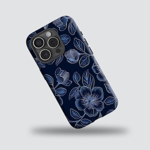 Navy blue floral aesthetic phone case, compatible with iPhone17 16 15 14 13 12 11 Pro Max; Samsung Galaxy S24 S23 S22, Note 20, A55, A56