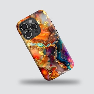 May include: A colorful phone case with a marbled design. The case features a vibrant mix of orange, gold, blue, and purple hues, creating a unique, abstract pattern. The case has a glossy finish and a camera cutout.