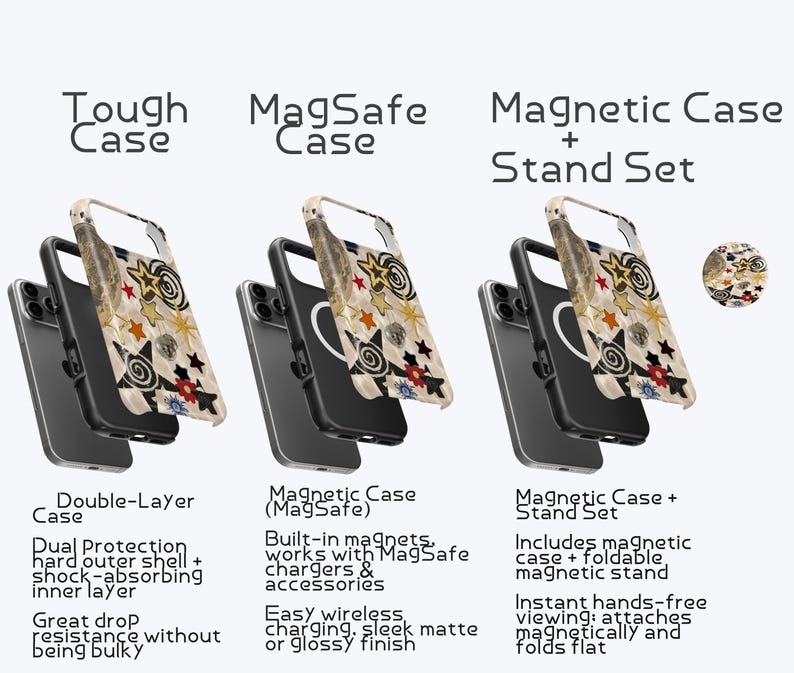 May include: Three phone cases with a decorative design featuring stars and swirls. The cases are labeled as "Tough Case", "MagSafe Case", and "Magnetic Case + Stand Set". The image also includes text describing the features of each case.