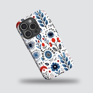 Nordic design Swedish floral pattern white, blue floral case for iPhone 17, 16, 15, 14, 13, 12, 11 Pro Max, Samsung Galaxy S24, S23, S22