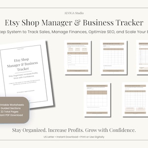May include: Etsy Shop Manager & Business Tracker printable system featuring a cover page and five internal worksheets with beige headers. Includes 15 printable worksheets, 5 guided sections, 22 total pages, and instant PDF download for US Letter size.