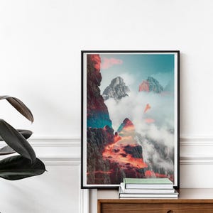 Surreal Landscape Poster Mountain Peaks Clouds Fiery Skies Bird Silhouette Blue Orange Palette Tranquil Dramatic Atmosphere