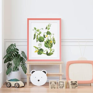 Wanddruck Poster, Grüne und Gelbe Erbsenpflanze, Botanische Illustration Kunst Dekor, Geschenk für Pflanzenliebhaber, Natur inspiriertes Wohndekor Kinderzimmer