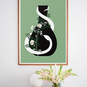 Pósteres modernos minimalistas verdes con impresión artística, jarrón con serpiente y flores silvestres, decoración de pared botánica, decoración de oficina bohemia para colgar en la pared