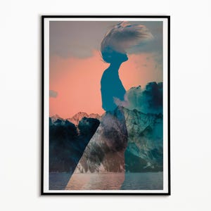 Impresión artística, silueta de mujer con paisaje de montaña, doble exposición, decoración moderna para el hogar, arte de pared sereno, póster de ensueño