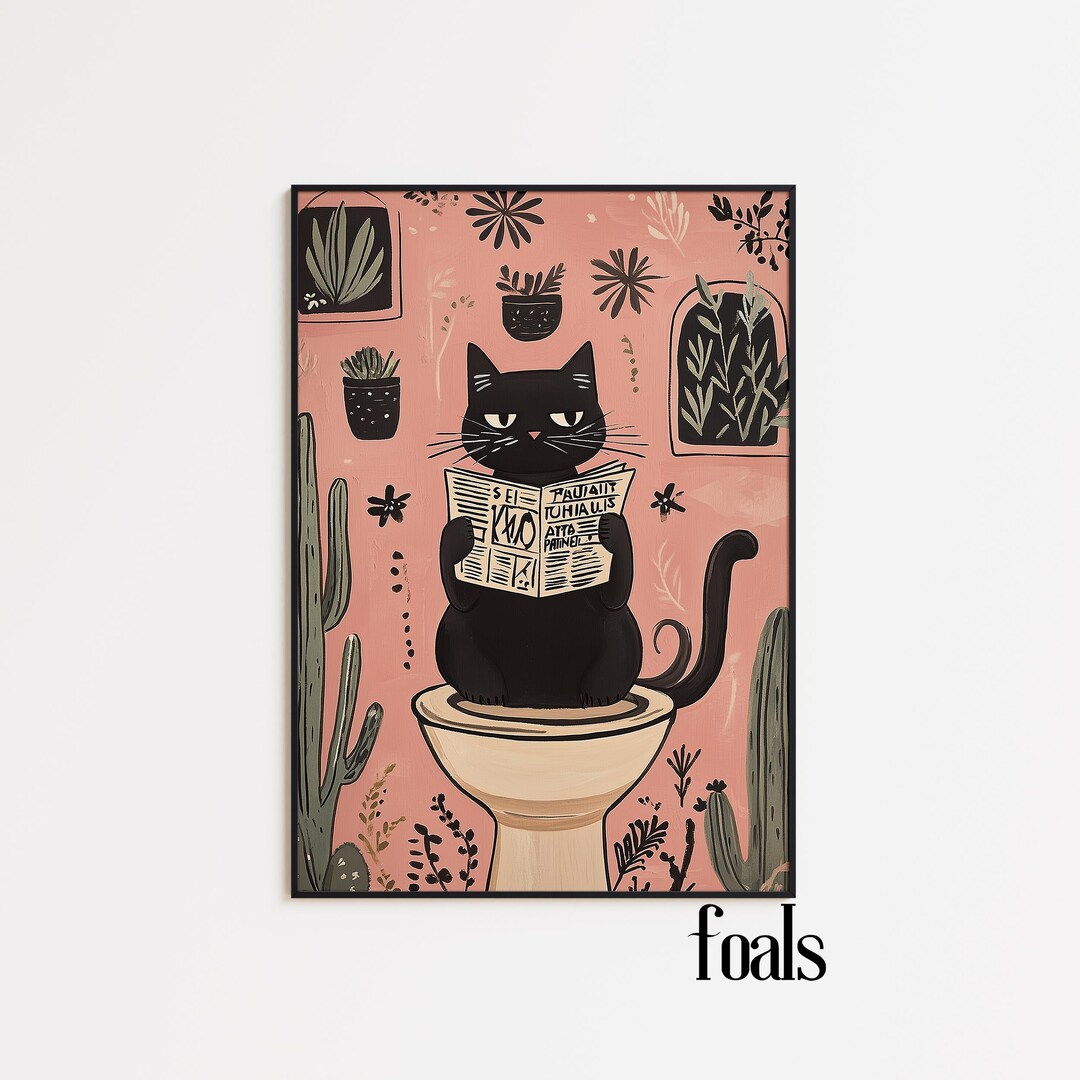 Funny Cat Bathroom Art Print Quirky Black Cat on Toilet Wall Decor for ...
