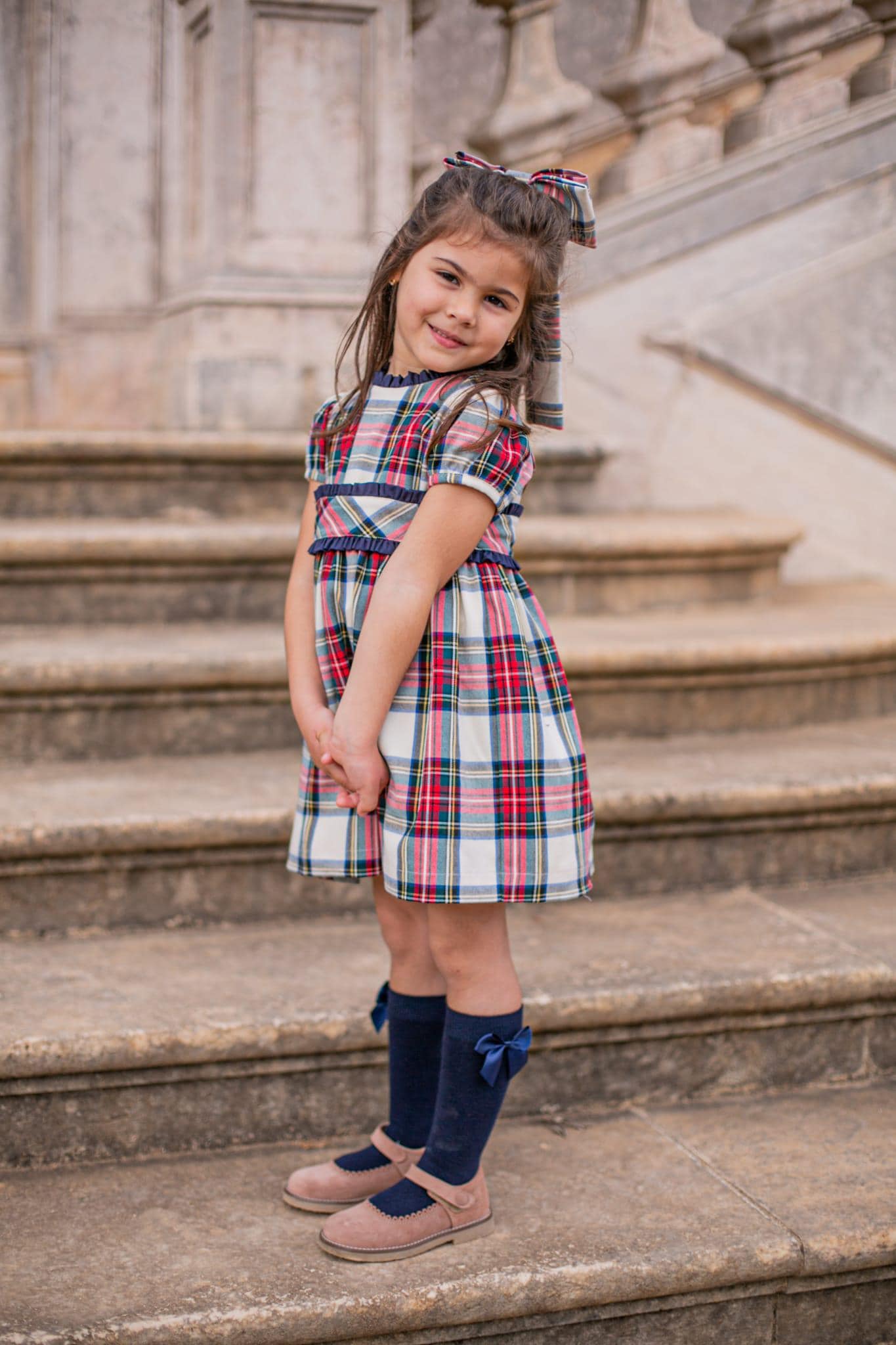 Punto Smock Vestito Scozzese Blu Punto Smock Bambina Vestito