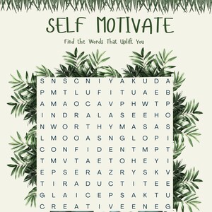 May include: A word search puzzle with the words "SELF MOTIVATE" at the top. The puzzle is surrounded by green leaves and includes words like "BEAUTIFUL", "WORTHY", and "HAPPY". The background is a light beige colour.