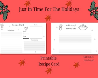 Könnte beinhalten: Druckbare Rezeptkarte mit Platz für Anweisungen, Zutaten und ein Foto. Die Karte hat eine Querformat-Ausrichtung und misst 15x10 cm. Der Text "Just In Time For The Holidays" wird oben angezeigt.
