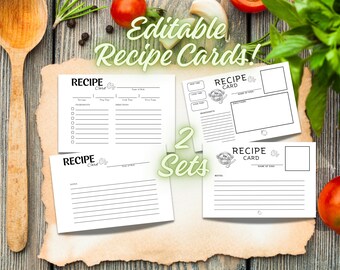 Könnte beinhalten: Vier weiße Rezeptkarten mit schwarzem Text, angeordnet auf einer rustikalen Holzoberfläche mit einem Holzlöffel, Tomaten und Kräutern. Die Karten haben Platz für Zutaten und Anweisungen. Der Text auf dem Bild lautet "Editable Recipe Cards!" und "2 Sets".