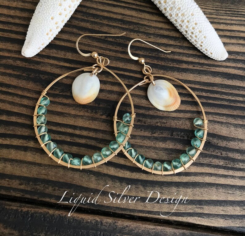 14K gold fill filled hammered hoop earrings Hawaiian shell Etsy