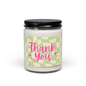 Candle Thank You Script Candle | Scented Soy 9oz, Pink Typography on Green Pattern