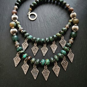 African Turquoise Agate Statement Necklace, Gemstone Vintage Beaded Layered Boho Ethnic Jewelry
