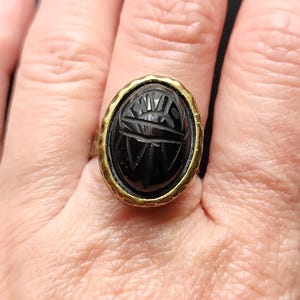Vintage Egyptian Revival Jet Scarab Ring, Black West German Jet Glass Antiqued Bronze Ring Size 7