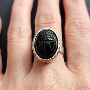 Vintage Egyptian Revival Jet Scarab Ring, Black West German Jet Glass Antiqued Silver Ring Art Deco Size 7.5