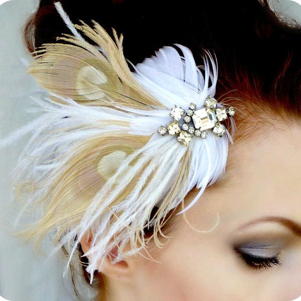 20% Off Sale Ivory White Feather Headpiece Vintage Art Deco Rhinestone Hair Clip