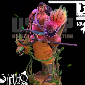 May include: A 1/6 scale figurine of a character with dark curly hair, wearing a purple and orange outfit, holding a slingshot weapon. The character is surrounded by green vines and a large, colorful, toothy plant-like creature on a rocky base.