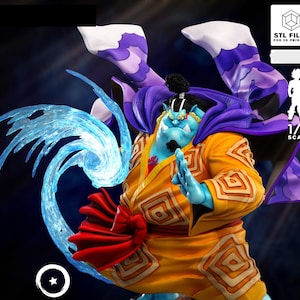 Peut inclure: Une figurine à l'échelle 1/6 représentant un personnage à la peau bleue avec un chignon, portant un kimono jaune à motifs et une ceinture rouge. La figurine possède une cape violette et un effet d'eau bleu translucide tourbillonnant autour du bras droit. Texte : STL FILES FOR 3D PRINTING.