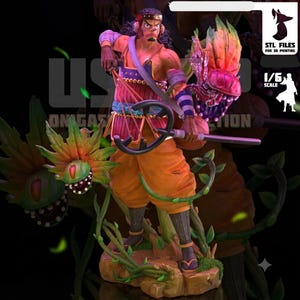 May include: A 1/6 scale figurine of a character with dark curly hair, wearing a red and purple vest over a bare chest, orange trousers, and dark footwear. The character holds a slingshot weapon, surrounded by two large, colourful, toothy plant creatures.