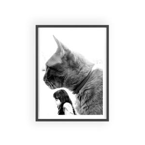 Poster, Artistic Black and White Photograph of Cat and Girl, Wall Art Decor, Home Decor, Cat Lover Gift, Girl Room Decor, Minimalist Wall
