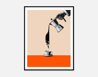 Funny Cat Coffee Poster, Minimalist Moka Pot Art Print, Modern Black Cat Wall Decor, Clever Kitchen Art, Digital Download Gift