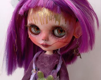Custom Blythe Art Doll, OOAK Collectible, Purple Hair, Horror Doll