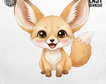 Clipart de zorro fénec en acuarela, arte animal adorable, dibujado a mano, descarga digital instantánea, uso comercial, pegatinas para planificadores, álbumes de recortes