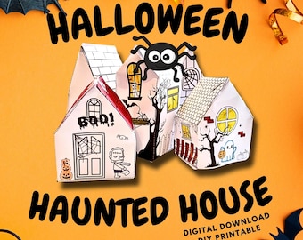 May include: A Halloween-themed image featuring several paper haunted houses with spooky illustrations. The houses are white with red and gray accents, and the text "HALLOWEEN HAUNTED HOUSE" is displayed in black and orange.