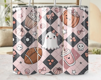 Cute Halloween Tumbler Wrap Png Kawaii Ghost Pumpkin Skinny Tumbler Sublimation Design Pink Pastel Spooky Fall Tumbler Wrap 20oz
