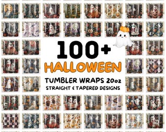 May include: A collection of Halloween-themed 20oz tumbler wraps with straight and tapered designs. The image features various designs with ghosts, pumpkins, and spooky elements. Text reads "100+ Halloween Tumbler Wraps 20oz Straight & Tapered Designs."
