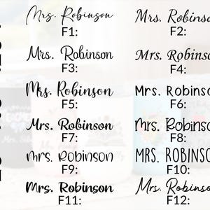 May include: A font selection chart displaying twelve distinct black typography styles labeled F1 through F12. Each option features the text Mrs. Robinson in a unique typeface, arranged in two columns against a light, blurred background.
