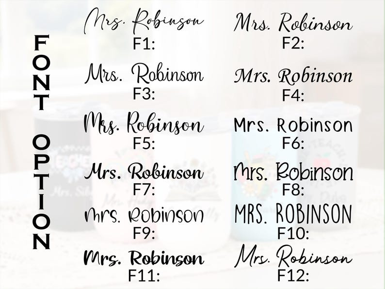 May include: A font selection chart displaying twelve distinct black typography styles labeled F1 through F12. Each option features the text Mrs. Robinson in a unique typeface, arranged in two columns against a light, blurred background.