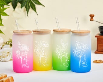 Personalized Iced Coffee Cup Birth Flower Cup,Custom Can Glass with Lid and Straw,Bachelorette Glass Cup,Bridesmaid Gift,Bridesmaid Proposal