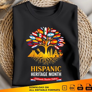 May include: Black t-shirt featuring a gold tree design with flags representing various Hispanic countries. The tree's roots are connected to a gold illustration of a pyramid and buildings. The text "HISPANIC HERITAGE MONTH" is displayed below the tree, with "Celebrando Nuestra Cultura" underneath.